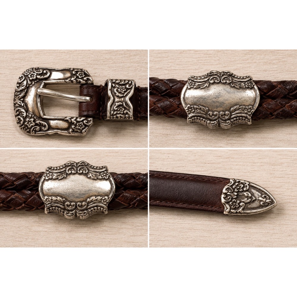 Woolrich Western Belt Brown Braided Leather Silver Concho Boho Floral Buckle